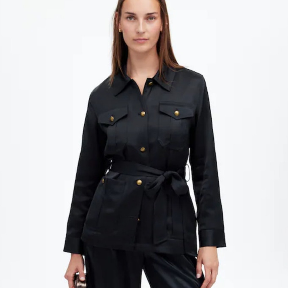 NWT Madewell Double Faced Satin Button Front Safari Jacket Black NT126 Size XXS